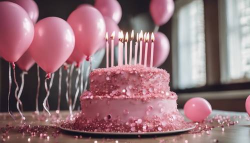 A birthday party decorated with beautiful pink balloons and glitter".