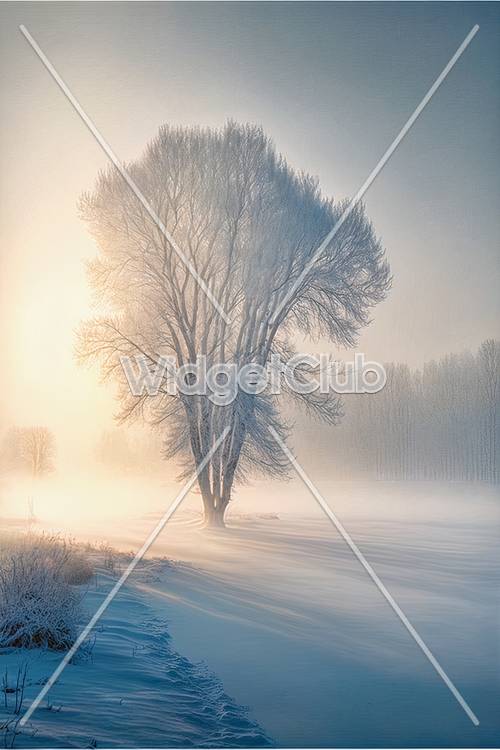 冬季日出和霧氣繚繞的樹木場景