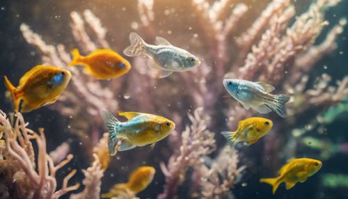 Sekelompok kecil molly mutiara berenang dengan damai bersama di akuarium rumah.