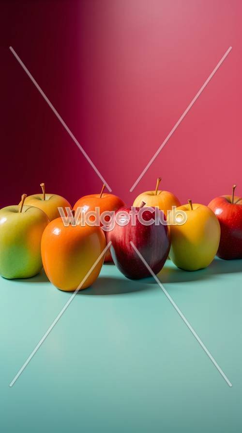 แอปเปิ้ลหลากสีสันบนพื้นหลังสีชมพูและสีน้ำเงิน