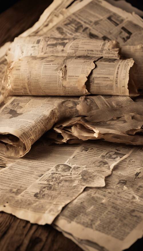 An olde-world styled, sepia toned newspaper, complete with folds and tatters, lying on a wooden desk Tapet [a4f13c08894b4641a998]