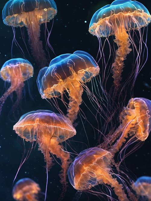 Fantastyczny obraz grupy meduz radośnie świecących bioluminescencją pod ciemnym morzem.