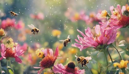 다양한 생동감 넘치는 꽃과 꿀을 모으는 윙윙거리는 꿀벌을 보여주는 아름다운 수채화 정원 장면입니다.