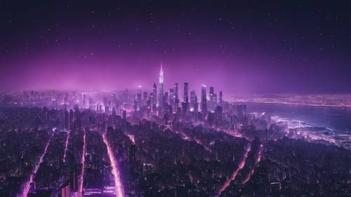 A panoramic view of a cityscape at night, the city lights spelling out a famous quote in a sea of purple.