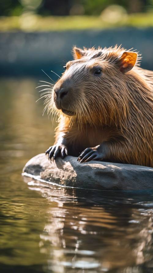 A swimming capybara, its fur glistening in the sunny afternoon.