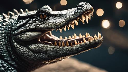 Dentes afiados brilhando ao luar, um crocodilo sorri no brilho prateado.