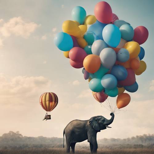 一幅富有想像的畫面，大象帶著大氣球漂浮在天空中。