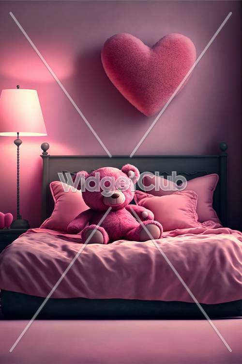 Teddy Bear Merah Muda di Kamar Tidur Nyaman
