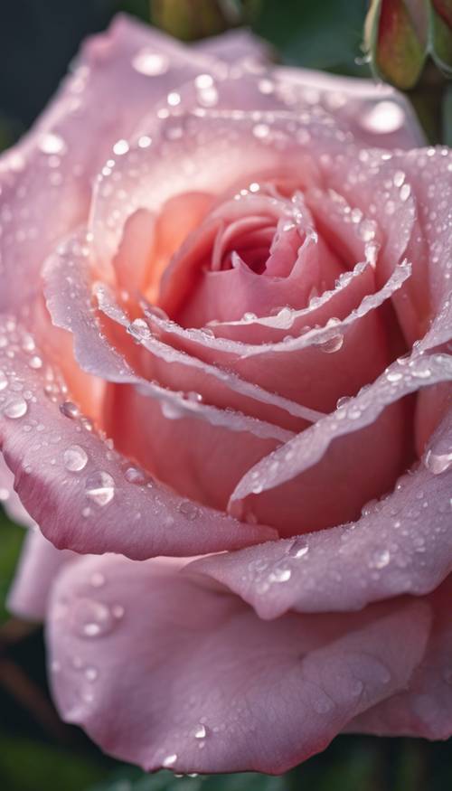 Mawar merah muda yang indah dengan tetesan embun perak di cahaya pagi.