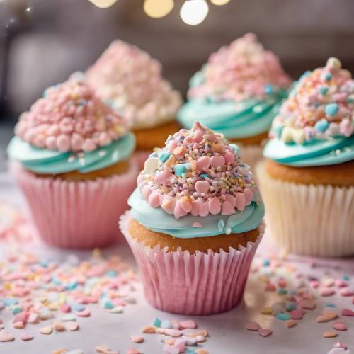 Cupcake decorado com granulados em formato de meio coração e cobertura em tons pastel, exposto em uma vitrine decorativa de padaria.