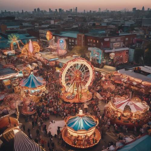 An aerial view of a sprawling carnival in the heart of a bustling city.
