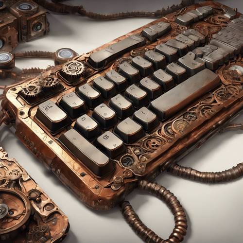 Eine kantige Interpretation einer Steampunk-inspirierten Gaming-Tastatur, hergestellt aus angelaufenem Kupfer und komplizierten Zahnrädern.