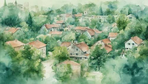 Uma imagem de aquarela verde celadon de uma cidade natal sonhadora.