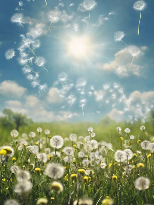 Une prairie remplie de pissenlits sous un ciel bleu clair, la citation « À chaque respiration, je plante les graines de la dévotion, je suis un agriculteur du cœur. » flottant dans la brise. Fond d&#39;écran [dd7b678c1205496d9409]