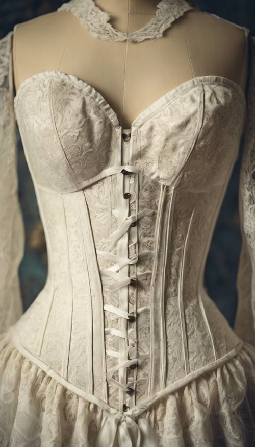 Một chiếc áo nịt ngực bằng vải gấm hoa màu trắng cổ từ thời Victoria trên một ma-nơ-canh.