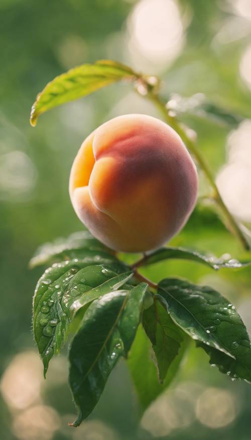 A close-up of a fresh, juicy, and dew-kissed peach on a green leaf background. Tapet [bfcfcb7a3d154d51b3be]