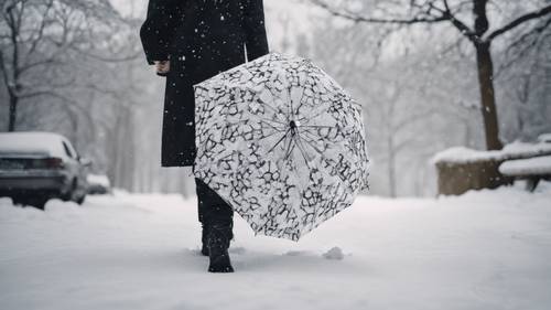 검은색과 흰색 옷을 입은 사람이 투명한 우산을 들고 눈밭을 걷고 있다.