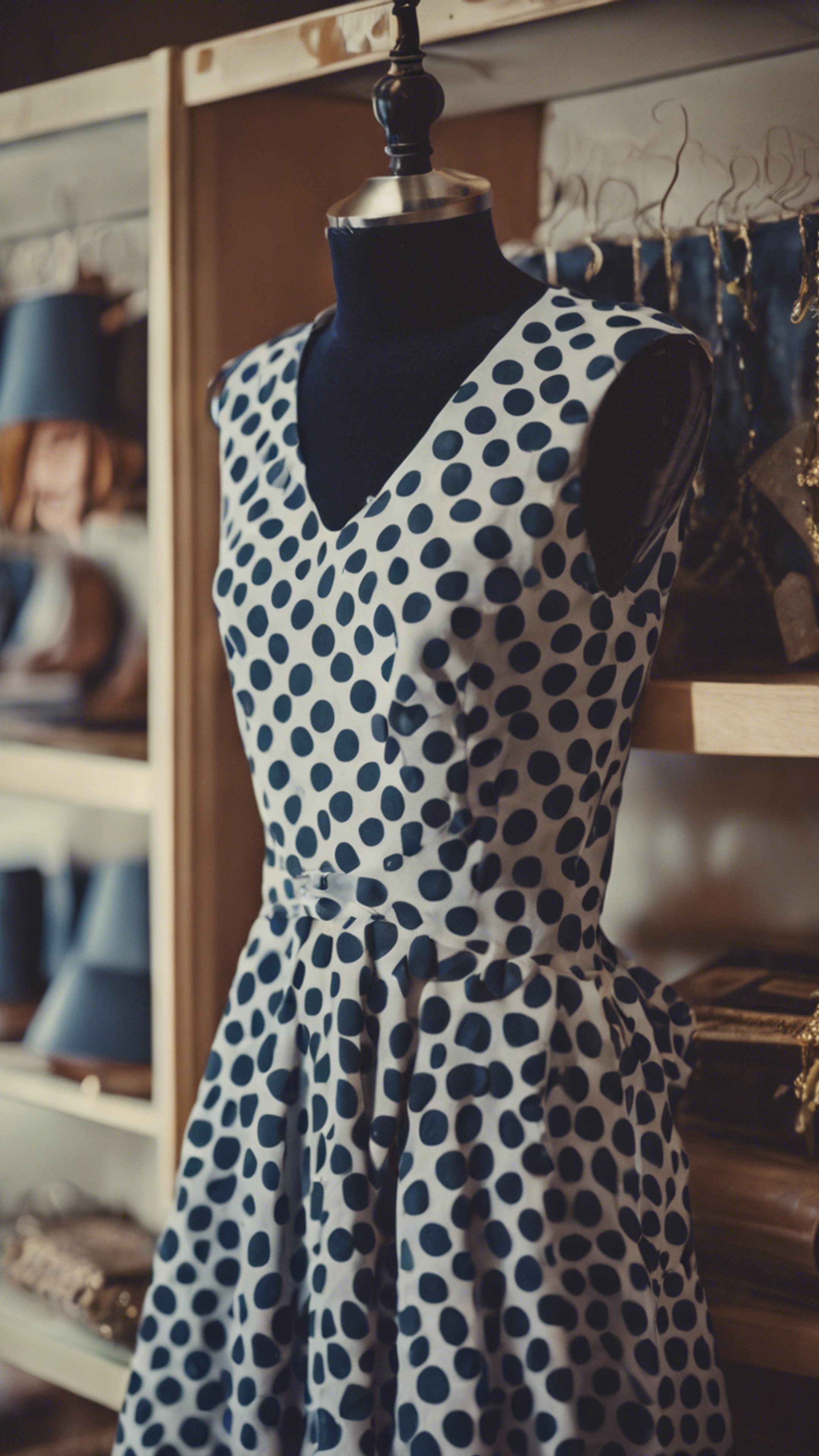 A classic 1960s navy polka dot dress hanging in a vintage boutique. ورق الجدران[089a5e0b63454d12a3db]