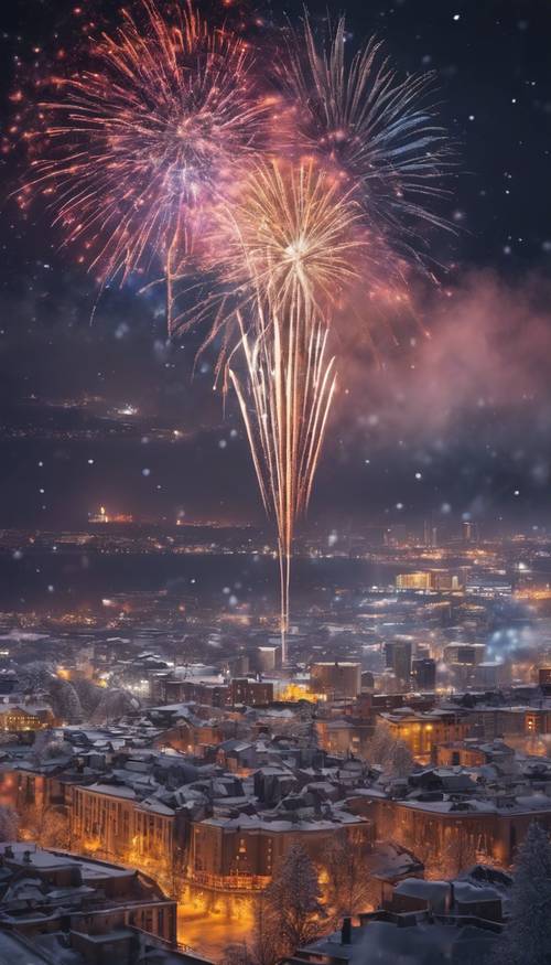 Şehrin silüeti üzerindeki buzlu Noel gecesi gökyüzünü aydınlatan rengarenk havai fişekler.