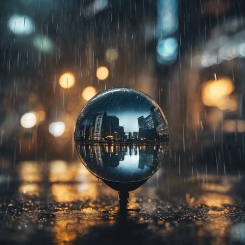 Un planeta lúgubre y lluvioso, con las luces de la ciudad reflejadas en las calles mojadas, creando un aura mágica.