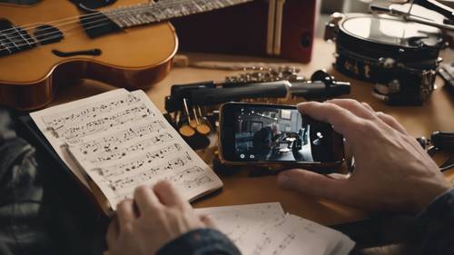 Un auteur-compositeur notant des idées sur un iPhone 13 mini au milieu d&#39;une pièce remplie d&#39;instruments de musique. Fond d&#39;écran [38ca74d65bf14aa386a0]