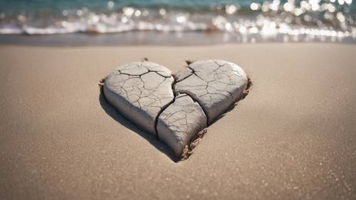 Un corazón roto hecho de piedra en una playa de arena desierta.