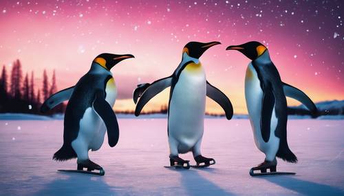 Pinguine laufen unter dem Nordlicht Schlittschuh auf einem zugefrorenen See.