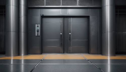 A dark gray textured steel door of a high-tech facility.