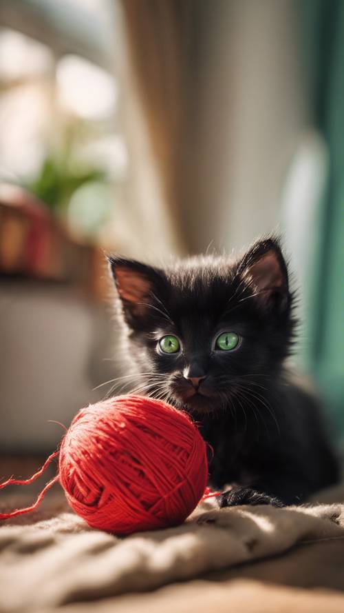 Một chú mèo con màu đen nhỏ vui tươi với đôi mắt màu xanh lá cây nổi bật đang chơi đùa với một quả bóng sợi màu đỏ tươi trong phòng khách ấm cúng, tràn ngập ánh nắng.