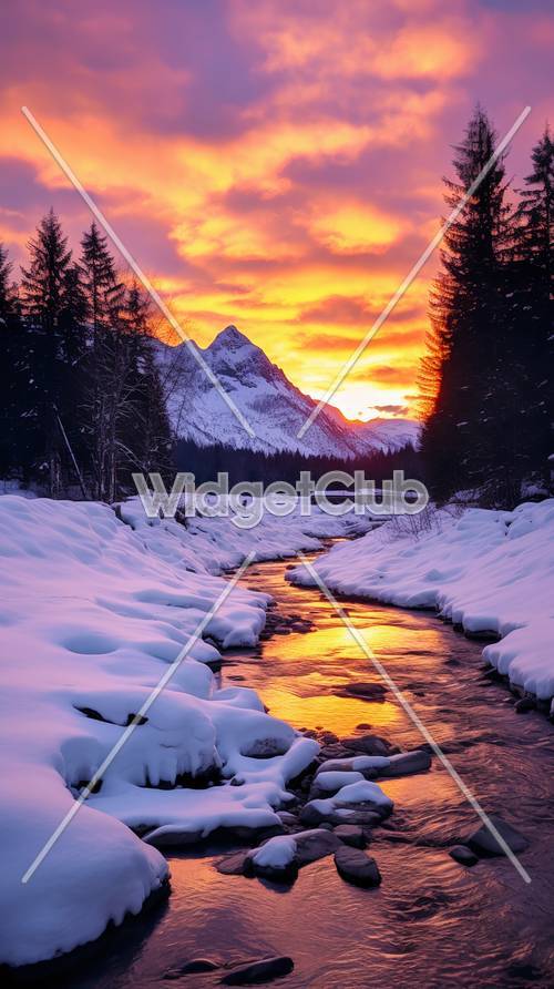 Sunset Glow Over Snowy Mountain River
