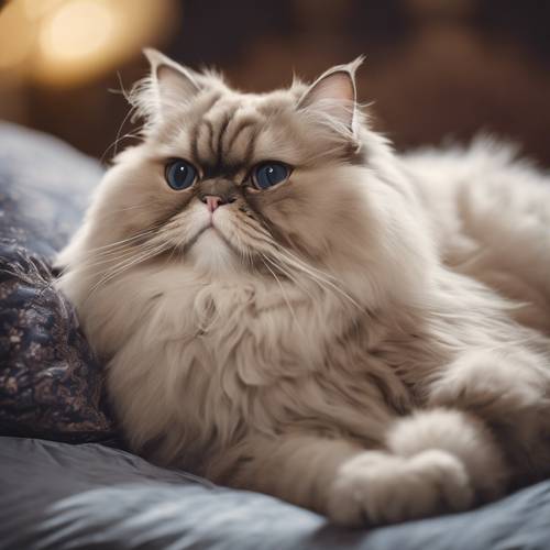 An elegant Persian cat lounging on a luxurious velvet pillow. Tapet [e4d5dd57deff435a8c3f]