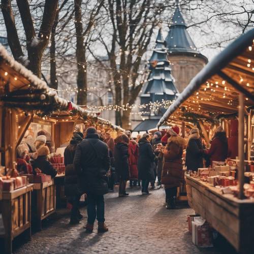 Un mercado navideño al aire libre con vino caliente y regalos.