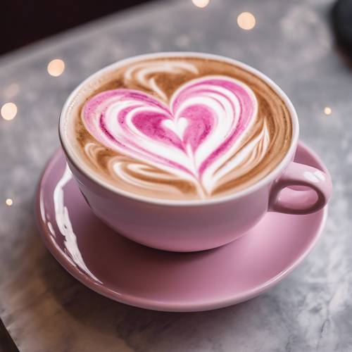 커피잔에 김이 나는 핑크 하트 모양의 라떼 아트.