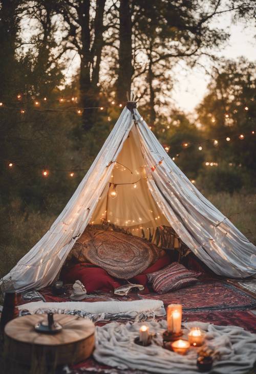 Bohemian style outdoor camping with tapestries and twinkle lights