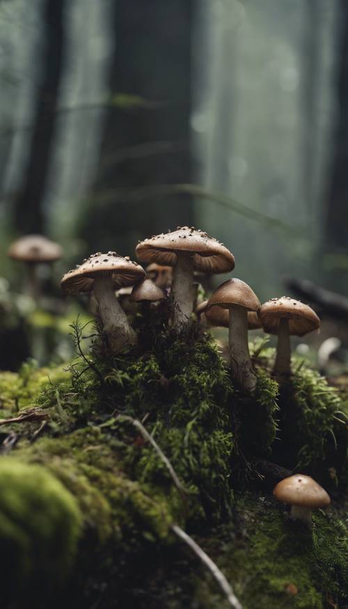 一群深色蘑菇在迷霧森林中古老的長滿青苔的原木上發芽。