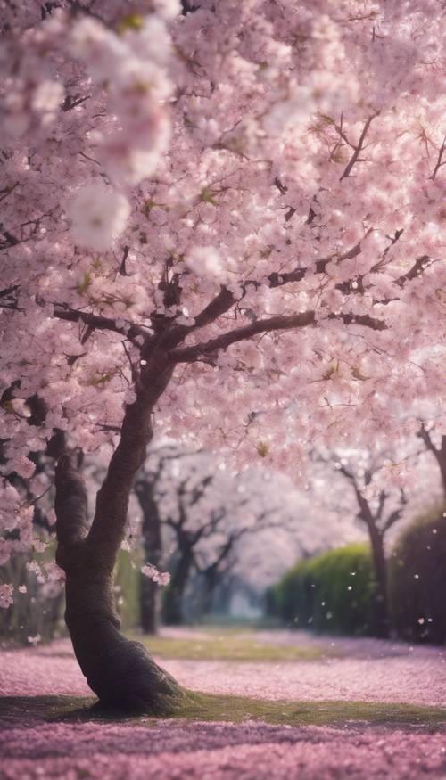 一棵盛开的樱花树，细碎的银色光芒随风飘散。