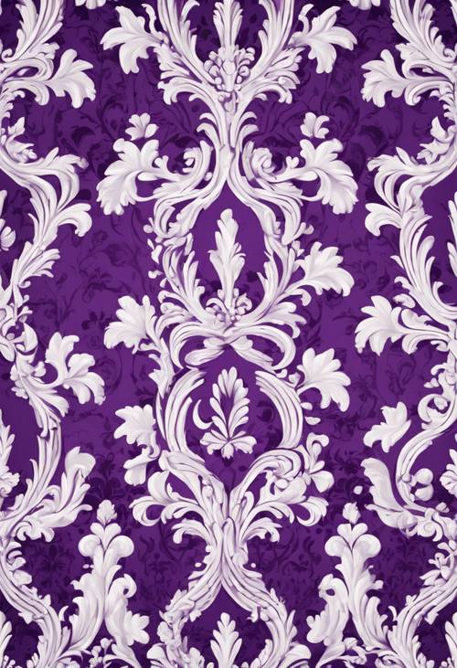 A seamless purple and white damask design reminiscent of baroque and rococo styles.
