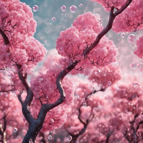Fantazyjny krajobraz różowych drzew gumy balonowej z błyszczącymi, lepkimi bąbelkami zawieszonymi na gałęziach.