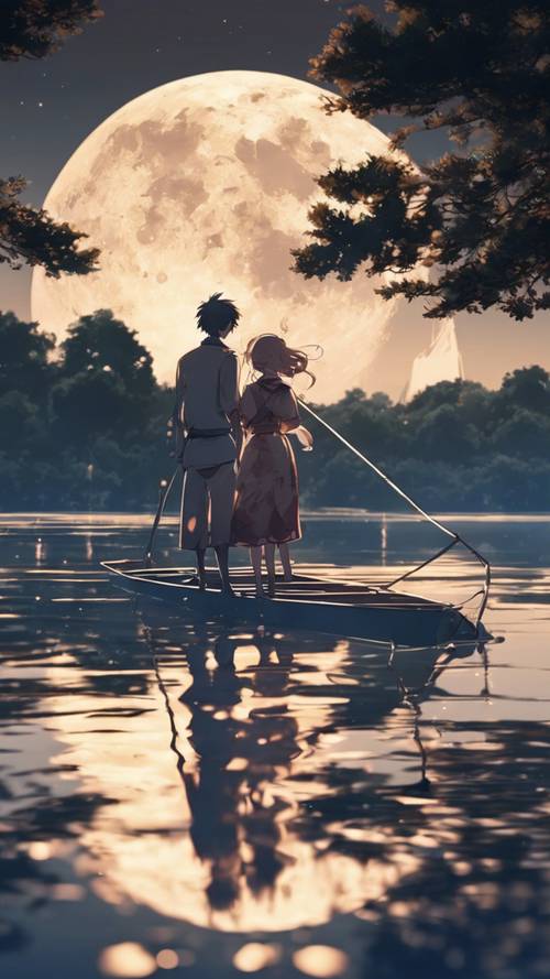 Một cặp đôi Anime chèo thuyền trên mặt hồ yên tĩnh dưới ánh trăng tròn.