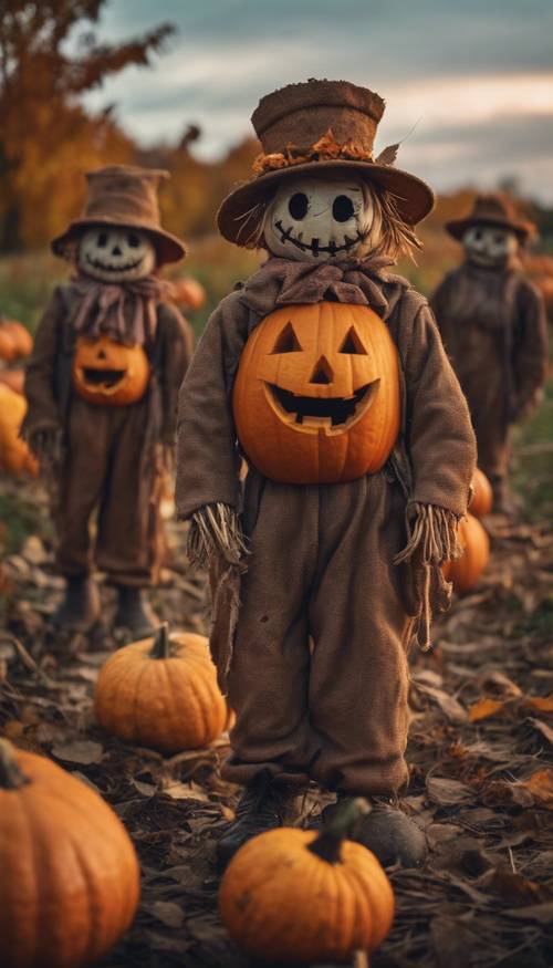 A group of pumpkin-headed scarecrows standing against the backdrop of an autumn twilight.