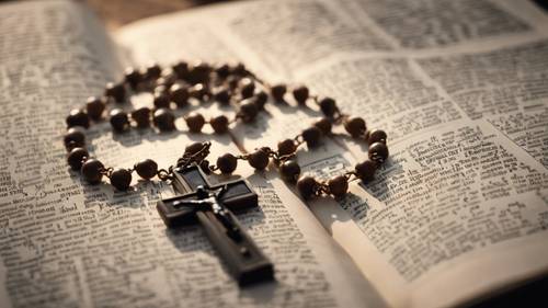 Primeros planos de un rosario envuelto alrededor de una Biblia antigua, que simboliza la fe y la devoción.