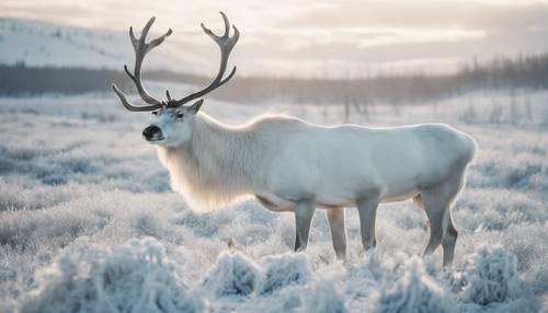 A majestic white reindeer wandering through a frost-covered tundra. Tapet [96da866f2f6a4f848732]