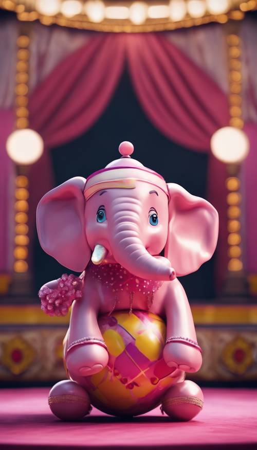 Gajah merah muda bergaya kartun tampil di bola sirkus.
