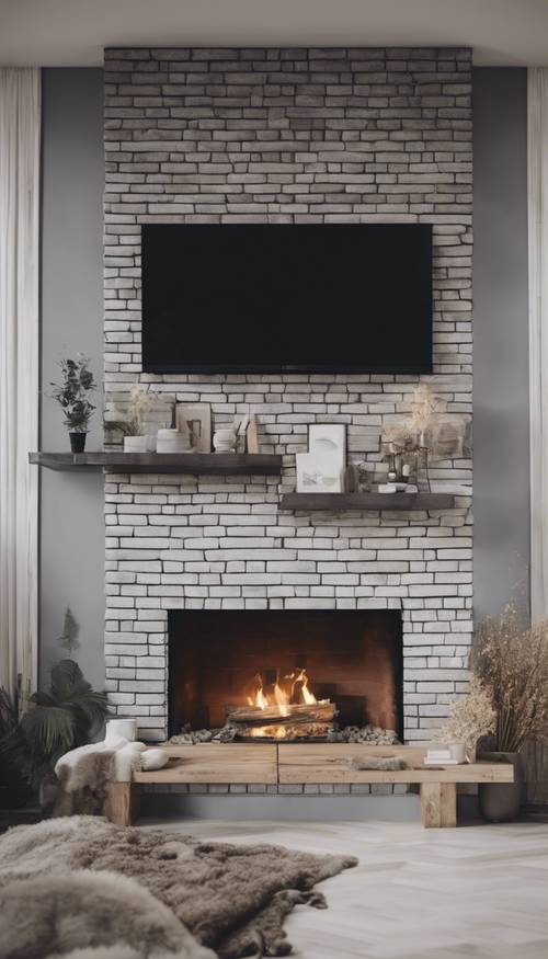 A gray and white brick fireplace in a cosy living room.