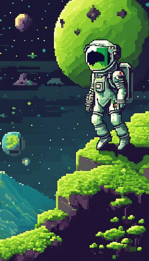 Seni piksel cerah dari seorang astronot kecil yang menjelajahi planet asing berwarna hijau limau di bawah langit berbintang.