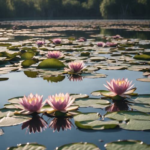 Un escenario tranquilo y de muy buen gusto con nenúfares flotando en un lago sereno que refleja el cielo de la madrugada.