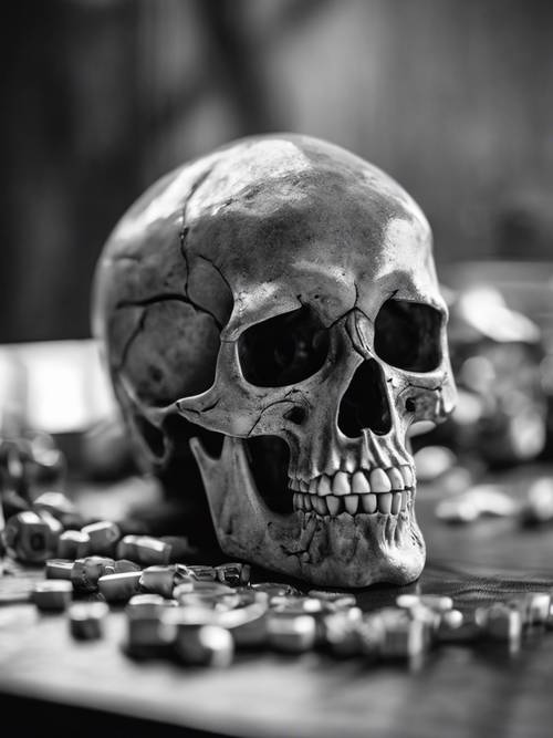 A skull in a monochrome noir setting.