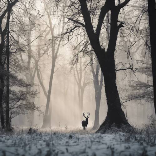 Black silhouettes of trees in a foggy forest, with a single white deer standing in the distance.