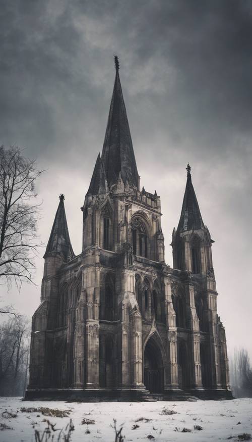 A haunting gothic cathedral in a desolate landscape under an overcast sky.