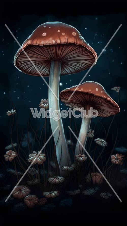 Enchanted Nighttime Mushrooms in a Fairy Tale Forest